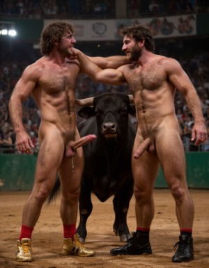 Un torero español musculoso y velludo de 50 años, con torso atlético y marcado, se muestra completamente desnudo, destacando su pene de 30 cm de longitud y 5 cm de grosor, perfectamente formado y rodeado de un denso vello púbico castaño oscuro. Sus testículos, perfectamente formados, cuelgan de forma prominente. La piel bronceada y sudorosa resalta su musculatura definida, con pectorales y abdominales bien marcados y sin grasa. El cabello largo y castaño oscuro está despeinado y sudoroso, con gotas de sudor resbalando por su frente y mejillas. Una barba incipiente y un vello corporal denso que se extiende por su pecho, piernas y brazos completan su apariencia viril. Lleva zapatillas doradas en sus pies.

A su lado, un hombre musculoso y velludo de 30 años, completamente desnudo, muestra un pene de 30 cm de longitud y 7 cm de grosor, hermoso y perfecto, rodeado de un denso vello púbico pelirrojo. Su piel bronceada y sudorosa muestra una musculatura definida, con pectorales y abdominales muy marcados. Tiene cabello pelirrojo despeinado y sudoroso. Tiene una barba pelirroja densa pero bien recortada. El vello corporal pelirrojo denso cubre su pecho, y tiene mucho vello pelirrojo en sus piernas y brazos, lo que realza su apariencia masculina y atlética. Están en la plaza de toros con un toro salvaje. Se aman

Ambos hombres se encuentran en una plaza de toros, con sombras que resaltan su musculatura y vello corporal, creando un ambiente sensual y cargado de tensión. Están en pleno acto de pasión, con sus penes erectos y testículos prominentes ,destacando su musculatura, vello corporal y atributos viriles en una imagen impactante y llena de energía. La escena está llena de sensualidad y poder, con los dos hombres como protagonistas, en un ambiente cargado de pasión y erotismo. La imagen es híper realista, con detalles de alta calidad, y muestra la unión de los dos hombres en un acto de pasión y dominio, con sus cuerpos musculosos y velludos completamente desnudos y visibles, mostrando su excitación y pasión en cada detalle. Tienen sus penes erectos. Están totalmente desnudos. Tienen un pene de 40 cm de longitud y 7 cm de diámetro. Son felices y sonríen. Amor. Se abrazan por la cintura con fuerza y pasión, están muy juntos. Sexo muy fuerte.