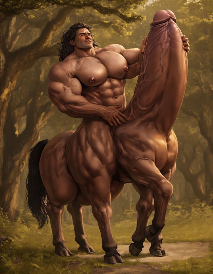 Imagen surrealista. Dos centauros musculosos con cuerpos de caballo bayos y torsos humanos del mismo tono bronceado, exhiben orgullosamente sus enormes penes erectos. Uno de ellos, con una melena oscura y una sonrisa confiada, se encuentra montado sobre el otro, que tiene una crin más clara y una expresión de placer. El centauro que está debajo, con sus patas traseras dobladas y su cuerpo tensado, sostiene al otro con sus brazos fuertes mientras recibe la penetración por el cuarto trasero, mostrando una postura de sumisión y placer. La escena se desarrolla en un entorno natural, con árboles y hierba a su alrededor, y se caracteriza por una iluminación cálida que resalta la musculatura y la textura de sus cuerpos. La imagen es hiperrealista, con detalles precisos en la anatomía de los centauros, destacando la unión entre lo humano y lo equino en una pose erotizada y llena de pasión.