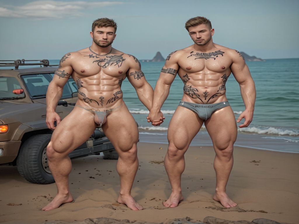 Pareja gay de unos treinta años, de gimnasio, tatuados, muy musculosos, en tanga ajustado, casi transparente,  se dan la mano, han conducido el vehículo todoterreno hasta la playa de Los Genoveses en el Cabo de Gata en un día tranquilo de otoño. 