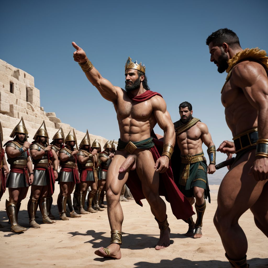 Ejército de Jerjes 1º del imperio persa en el verano del año -480 marcha a pie. Hay dos luchadores que están desnudos con penes grades y testículos grandes y con mucho vello. Están en Helesponto luchando contra el rey Darío desnudo y de gran pene tieso hacia arriba. 