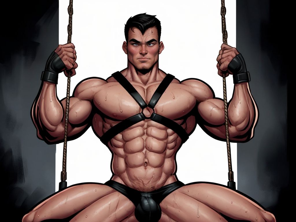 Hombre musculoso con arnés de cuero negro, sentado en un columpio sexual, mostrando su torso desnudo, con piernas abiertas y pene visible, en un ambiente oscuro y sensual, con luces rojas y sombras profundas, ropa interior negra y detalles de sudor en la piel.