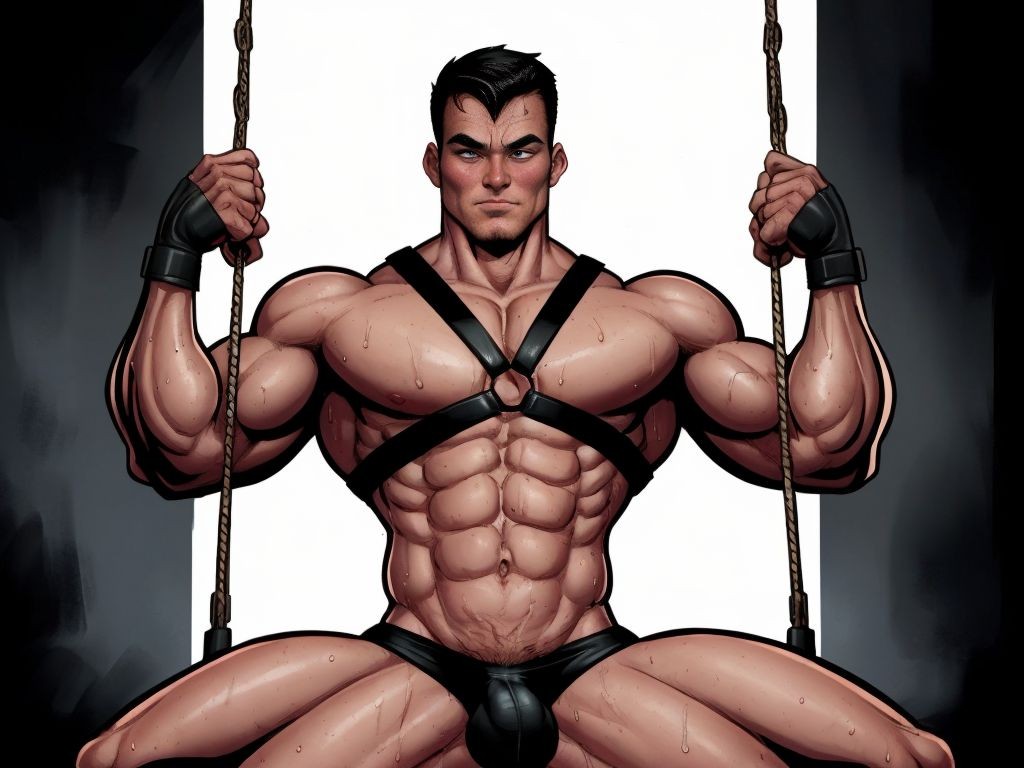 Hombre musculoso con arnés de cuero negro, sentado en un columpio sexual, mostrando su torso desnudo, con piernas abiertas y pene visible, en un ambiente oscuro y sensual, con luces rojas y sombras profundas, ropa interior negra y detalles de sudor en la piel.
