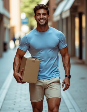 Un repartidor de paquetes joven de unos 25 años, con pelo moreno corto y despeinado, lleva un par de bermudas de color beige que le quedan ajustadas, mostrando sus piernas musculosas y cubiertas de vello oscuro. Su camiseta de manga corta es de un color azul claro y está ceñida a su torso, resaltando su complexión atlética y haciendo que se marquen claramente sus pezones erectos. Sus brazos están cubiertos de un vello denso y oscuro, lo que realza su apariencia masculina. La camiseta también muestra una ligera transparencia en la zona del pecho, permitiendo atisbar el vello que cubre su torso. El repartidor lleva un paquete bajo el brazo y camina con confianza, mostrando su sonrisa mientras se dirige hacia su destino, con un aire de frescura y juventud que se refleja en su rostro y su forma de moverse. La imagen es hiperrealista, con detalles de alta calidad que permiten apreciar cada textura y cada elemento de la escena.