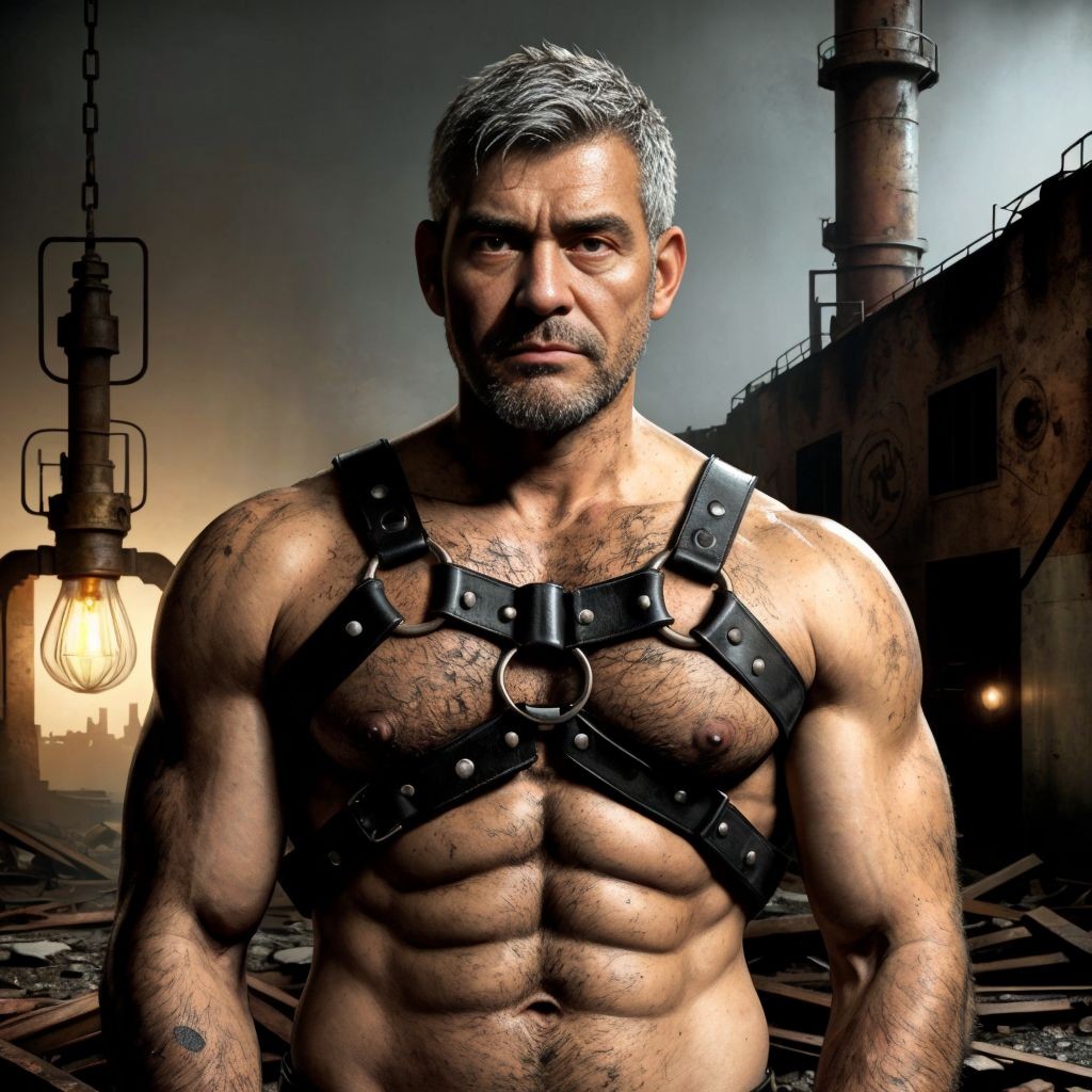 Hombre de 30 años, cabello canoso, ojos marrones, viste arnés de cuero marrón oscuro, postura encorvada, manos curtidas, expresión seria. Fábrica abandonada, luz tenue, maquinaria oxidada, estilo neo-realismo con pop art, colores apagados, textura rugosa, atmósfera melancólica.