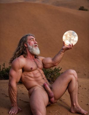 Enrique es un hombre muy delgado de 50 años, tiene cabello largo con canas blancas, tiene barba blanca abundante y larga. Está totalmente desnudo, en su mano derecha lleva una bola de 10 cm de diámetro de cristal mágica y está iluminada reflejando un pene, eleva la bola hacia el cielo ofreciéndola a la Luna. Enrique tiene un cuerpo muy delgado con músculos marcados y definidos. 💪🏼. Tiene un pene erecto de 36,8 cm de longitud y 7,9 cm de diámetro. Tiene mucho vello corporal blanco en su pecho, tiene mucho vello en sus brazos y tiene mucho vello en sus piernas. Está en la arena del desierto entre grandes dunas de arena color terracota. Tiene la piel morena bronceada por el Sol. Tiene sandalias en sus pies. Está mirando a la Luna mientras levanta la palma de la mano derecha señalando la Luna 🌓 . Tiene la boca entreabierta. Tiene la mano derecha sobre su pene y está masturbándose 