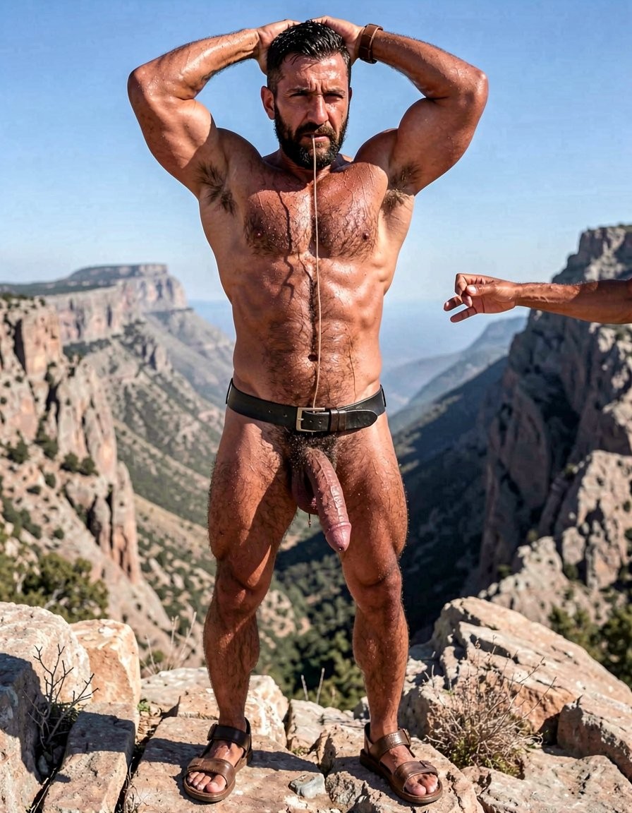 A hyper-masculine ancient Zapotec warrior named Cocijo, 26 years old, standing perfectly still and fully flexed under the brutal midday sun on the rocky summit of Cerro La Cantera, San Pablo Huitzo, Oaxaca, year 600 AD. Completely naked except for old leather strip sandals. His body is pushed to the absolute limit: massive arms raised and locked overhead, biceps bulging like cannonballs with thick pulsing veins, triceps sharply defined and rock-hard. Square jaw clenched tight, thick veiny neck, bronze skin completely drenched in sweat that runs down every ridge of muscle. Huge square pectorals covered in thick wet black hair, large erect nipples, deeply carved eight-pack abs glistening, thick dark treasure trail leading to a dense pubic bush. His enormous 35cm cock is brutally swollen, dark red and violently throbbing, gripped firmly at the base by Gayon Von Neumann’s strong hand. The current thick black leather cock ring is already crushing the root behind his heavy balls. In Gayon’s other hand hangs a new, even more severe black leather Cock and Ball Ring (CBR): a single heavy leather strap system designed to trap both the thick shaft and the large balls together in one merciless, tight loop. Cocijo stares directly at his master with grave, obedient eyes, breathing heavily through his nose, a thick string of precum dripping endlessly from the swollen head of his cock onto the hot rocks below. Raw, dominant, extremely virile atmosphere, dramatic sunlight casting strong shadows across every swollen muscle and vein, hyper-realistic, ultra-detailed, ancient masculine submission.