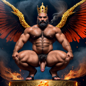 Cneo Pompeyo Magno desnudo con pene grande y testículos grandes peludos. Hombre Catón y hombre Cicerón están desnudos andando y cerca de Cneo Pompeyo Magno. Doblan el brazo derecho para enseñar los bíceps del brazo derecho con gran orgullo. Tiene mucho vello por todo el cuerpo. Está agachado. Está bronceado. Las sandalias están bonitas. Tiene corona de oro. Tiene alas de diablo negras y rojas oscuro. Tiene cara de malvado y serio. Por su boca sale un chorro de fuego y humo blanco. Los brazos están hacia arriba implorando rayos y fuego. El fuego sale del pene a chorros hacia arriba de su pene erecto tieso hacia arriba. Sus ojos son grandes y rojos. Está de perfil enseñando sus grandes testículos. Se ve de lado apreciándose su gran pene y sus testículos negros