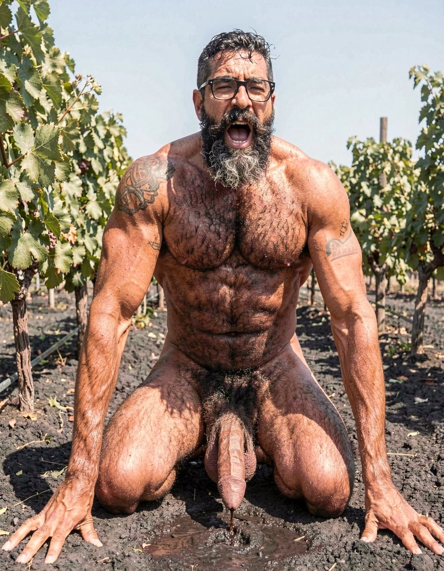 Un hombre desnudo, musculoso y con abundante vello corporal aparece arrodillado sobre tierra oscura en un viñedo, entre hileras de parras verdes bajo la luz intensa del sol. Lleva gafas negras, barba espesa entre canosa y oscura, el pelo mojado y la boca abierta en una expresión enérgica o desafiante. Sus brazos están apoyados en el suelo, marcando venas y músculos, con tatuajes visibles en hombros y brazos. El cuerpo está cubierto de barro o humedad, y su pene queda claramente expuesto entre las piernas, reforzando una escena cruda, natural y provocadora en un entorno agrícola al aire libre.