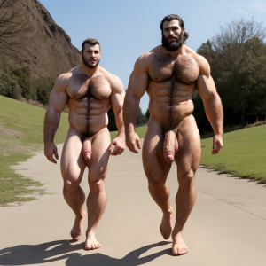 Dos hombres machos musculosos desnudos muy viriles con pene grande y testículos grandes y peludos. Caminando 10 ⛓️⛓️🍇🍒🍒🌞💝💝💘💘