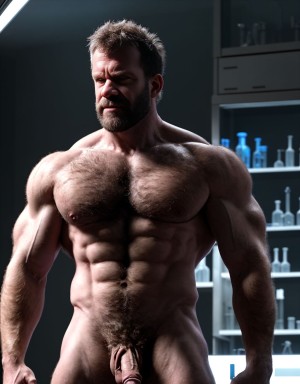 Louis Pasteur desnudo musculoso. Tiene el pecho velludo y brazos velludos. Está de pie. Está totalmente desnudo musculoso. Tiene pene grande erecto. Tiene testículos grandes. Tiene mucho vello y pelo. Foto muy realista texturas 8k. Está rodeado de vitrinas con microscopio tubo de ensayo probeta termómetro báscula laboratorio. Rodeado de dos hombres desnudos velludos. Químico de origen francés especializado en bacteriología.