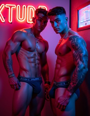 Dos hombres de 19 años, musculosos y atléticos, visten jockstraps ajustados que resaltan sus cuerpos tonificados. Ambos lucen tatuajes prominentes en sus brazos y torsos, con diseños que reflejan su personalidad audaz y su estilo scally. Cadena de oro brillante cuelga de sus cuellos, añadiendo un toque de elegancia street a su apariencia general. Sus rostros exhiben una actitud machista, con miradas desafiantes y confiadas.

Al fondo, un cartel de neon ilumina la escena con la palabra XTUDR, creando un ambiente vibrante y energético. La luz del cartel resalta la musculatura de los jóvenes, haciendo que sus cuerpos parezcan aún más definidos y atractivos. Los jockstraps, ajustados y reveladores, dejan poco a la imaginación, mientras que los tatuajes y las cadenas añaden un toque de rebeldía y osadía a su estilo.

La escena está llena de energía y sensualidad, con los dos hombres ocupando el centro de la imagen. Sus cuerpos, tonificados y atractivos, son el foco principal, mientras que el cartel de neon y el estilo scally proporcionan un contexto urbano y audaz. La imagen es hiperrealista, con detalles de alta calidad que capturan cada curva y cada músculo de los jóvenes, creando una sensación de presencia y sensualidad.