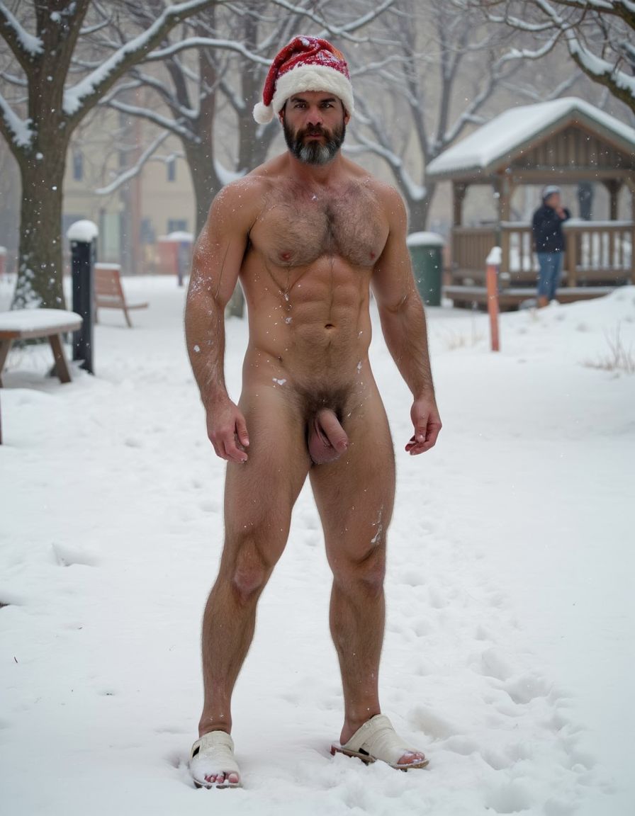 La Navidad. Papá Noel es un hombre de 35 años, atleta, delgado con músculos muy marcados y definidos, está delgado y es muy varonil, tiene barba abundante blanca abundante. Tiene el gorro de papá Noel, está totalmente desnudo enseñando su musculatura de atleta y está bronceado, está entre nieve pero no frío, tiene abundante vello blanco por todo su cuerpo que cubre sus músculos de los pectorales el abdomen y cubre sus piernas. Tiene sandalias blancas en sus pies. Tiene barba abundante blanca de papá Noel. Es el Papá Noel del año 2025, con mucha alegría y mucho sexo gay. Aspecto muy masculino, salvaje. Tiene un pene erecto de 20cm de longitud y 8cm de diámetro. Tiene barba de pelo blanco y tiene mucho vello de color blanco por todo el cuerpo. El hombre Papá Noel está delgado y musculoso y peludo sobre la nieve mientras cae nieve y su pene erecto se mueve sobre sus testículos. Su pene está a la vista. Está totalmente desnudo. Tiene los músculos flexionados y tensados con los brazos hacia arriba tensión a dos
