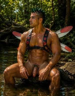 A muscular, naked man poses seated on a rock in a forest stream, his body wet and shining under the light filtered through the trees. He wears a black fantasy-style harness with red circular details over his torso, translucent red and white wings attached to his back, and a pointed green crest that reinforces his appearance as a hybrid creature or warrior fairy. He looks in profile with a serious expression, surrounded by dense vegetation, trunks, and dark water; his open legs leave his penis visible, integrating an erotic, natural, and fantastical aesthetic in a jungle-like setting.