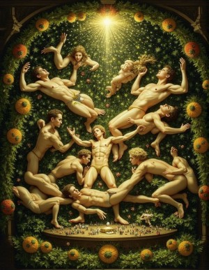 Pintura barroca. Siglo XVII.  Pecadores caen en el nefando vicio de la lujuria, aparecen desnudos con los genitales tapados por pequeños tules.