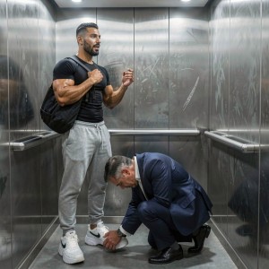 A muscular man in a tight black T-shirt, gray sweatpants, and white sneakers stands inside a metallic elevator, with a black sports bag hanging from his shoulder and his hands raised in a gesture of tension or surprise. At his feet, another man dressed in a navy-blue suit, white shirt, and black shoes is crouched down, leaning toward one of his sneakers as if tying or inspecting it. The elevator has scratched stainless-steel walls, side handrails, and cold overhead lighting, creating an urban, awkward, and striking scene, with a contrast between sportswear, formal attire, and body language charged with drama.