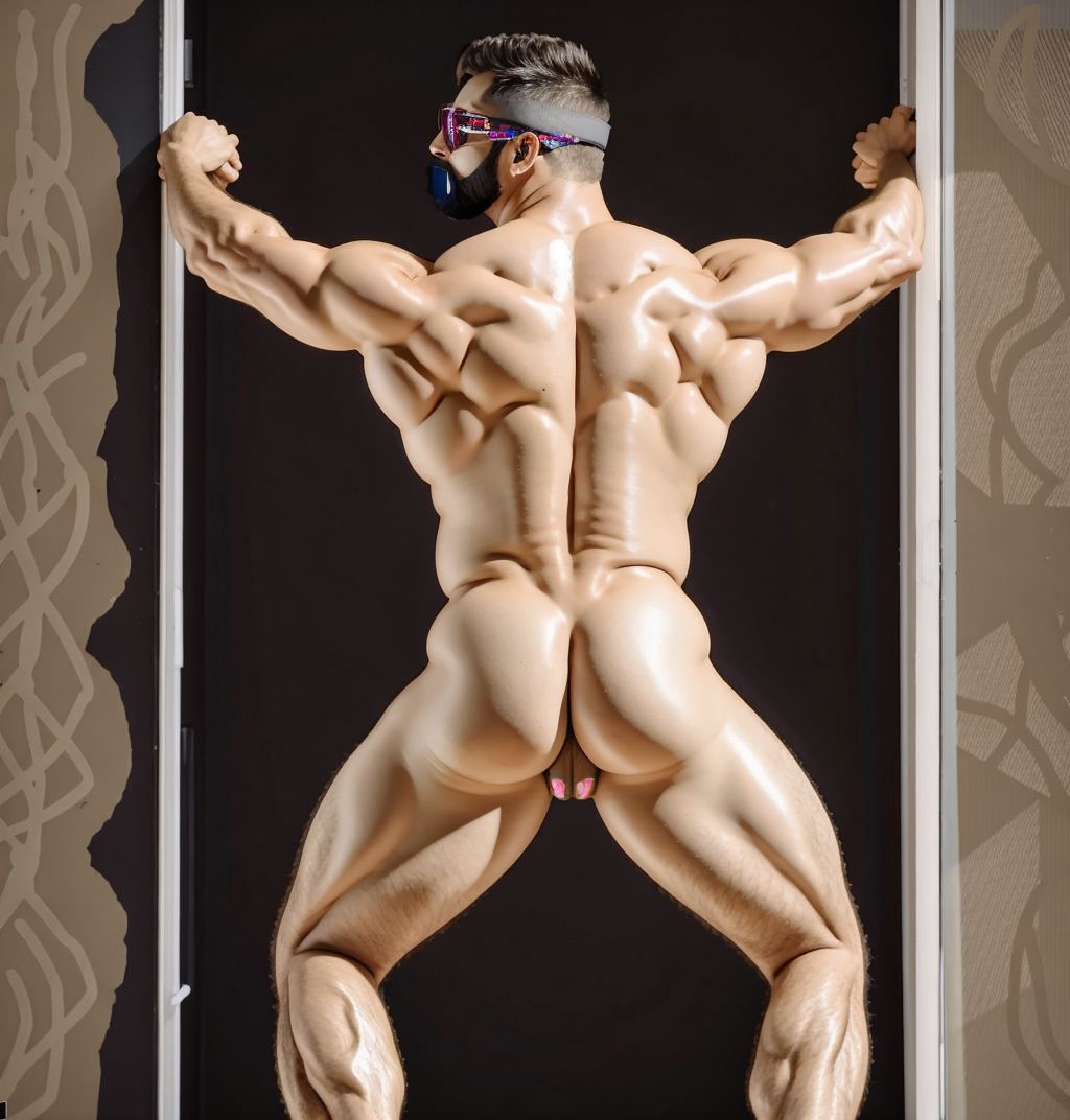 Serie culturistas. Un hombre extremadamente musculado está de espaldas, está desnudo en un teatro ante el público.. El hombre agarra con las manos dos barras a los lados y está en tensión, lleva gafas modernas, ((muestra los testículos claramente)),  a los lados hay cortinas vintage  y  gente al fondo que lo mira desde el patio de butacas. 