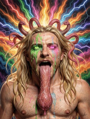 Un hombre de pelo largo rubio aparece en un retrato fantástico y psicodélico, con la boca abierta y una lengua exageradamente larga, húmeda y texturizada que cae hacia el pecho. Su rostro está cubierto de pintura chorreante verde, rosa y azul, con los ojos brillando en tonos neón, uno verdoso y otro magenta, creando una expresión intensa y monstruosa. De su cabeza surgen serpientes rosadas enroscadas como cuernos, evocando una figura mitológica tipo Medusa, mientras el fondo estalla en rayos eléctricos multicolores, llamas y energía cósmica. El torso desnudo, la melena desordenada y la iluminación dramática refuerzan el estilo surrealista, oscuro y provocador.