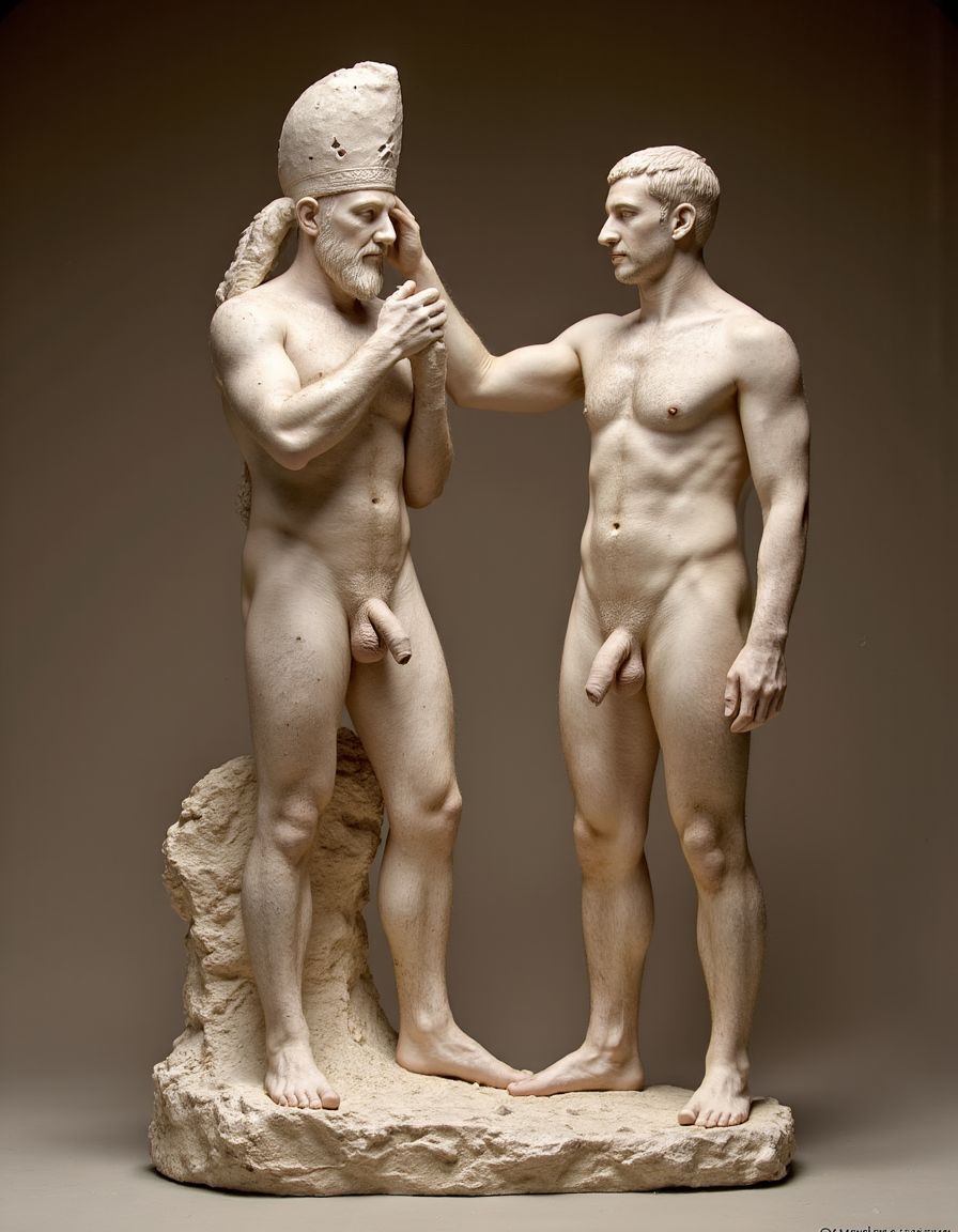 Akhenatón (originalmente llamado Amenhotep IV) fue un faraón egipcio que gobernó durante la Dinastía XVIII (Imperio Nuevo), aproximadamente entre 1353 a.C. y 1336 a.C. Es un hombre faraón de los más fascinantes y revolucionarios de la historia egipcia debido a su radical reforma religiosa. Está totalmente desnudo y en sus pies lleva sandalias de lujo de oro. Tiene un pene erecto de 20 cm de longitud y 8 cm de diámetro. Es admirado por su bello cuerpo de atleta. Tiene grandioso pene de 22 cm de longitud y 9 cm de diámetro y lo tiene en erección. Tiene el pene erecto. Aspecto muy masculino. A su lado hay otro hombre que lo ama, está detrás de él con la mano derecha en su pene, cogiendo el pene con pasión, tiene un pene de 30cm de longitud y 8 cm de diámetro, está meneando la polla y acariciando su culo con amor ❤️ . Tienen todos los músculos en tensión, es una imagen muy masculina y viril. Los penes están erectos y hay mucha excitación sexual. Sexo explicito. Pasión. Abrazo. Beso en los labios. Sexo anal muy profundo. 