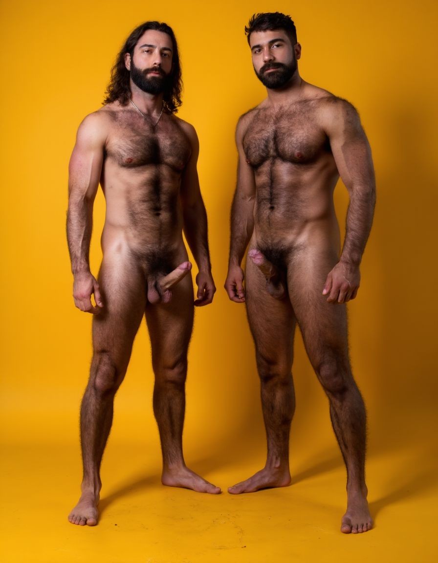 Dos guerreros musculosos de cuerpo delgado y alto, cuerpo completamente desnudo y velludo, mostrando polla venosa de 30 cm de longitud y 5 cm de grosor. Tienen la piel bronceada por el Sol, con pelo muy largo y barba. Tiene pies fuertes. Están contentos. Tienen músculos marcados definidos y sin nada de grasa. Tienen aspecto muy viril. Tienen cuerpo muy delgado pero con los músculos marcados y muy definidos. Están tensos mostrando sus músculos marcados. Fondo amarillo oscuro. 