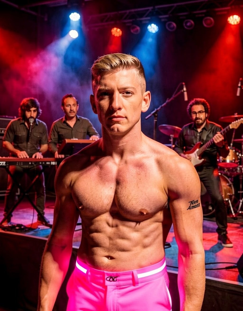 A muscular, serious man poses in the foreground on a concert stage, shirtless, with defined abs and bright pink pants with a belt, illuminated by red, blue, and magenta spotlights that create a live-performance atmosphere. He has short blond hair styled to one side and shows a small tattoo on his arm. In the background, several musicians play keyboards, bass, and drums among microphones, lighting structures, and stage smoke, reinforcing the feeling of a live musical show. The composition highlights the contrast between the athletic central figure and the blurred band behind.