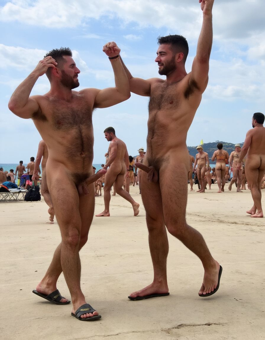 Solo hombres desnudos musculosos. Tienen un pene erecto de 50 cm de longitud y 8 cm de diámetro. Antonio tiene un pene de 50 cm de longitud y 8 cm de diámetro. Juan tiene músculos muy definidos y tiene mucho vello es muy peludo. Tienen sandalias en sus pies. Flexionan sus brazos hacia arriba para enseñar sus músculos bíceps mientras se miran fijamente con pasión. Fondo de una playa con un mar precioso. Fondo de muchos hombres desnudos caminando.