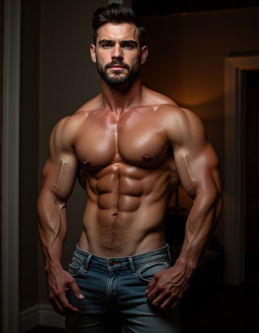 Very muscular man posing standing indoors in dim light, shirtless and wearing blue jeans low on the waist. His defined torso, prominent pectorals, very pronounced abs, vascular arms, and broad shoulders stand out, with skin slightly gleaming from the warm lighting. He has a trimmed beard, dark hair combed back, and a serious expression, looking directly forward. The background appears blurred, with a door and room shadows, focusing attention on his athletic physique, firm posture, and the contrast between the side lighting and the dark atmosphere.