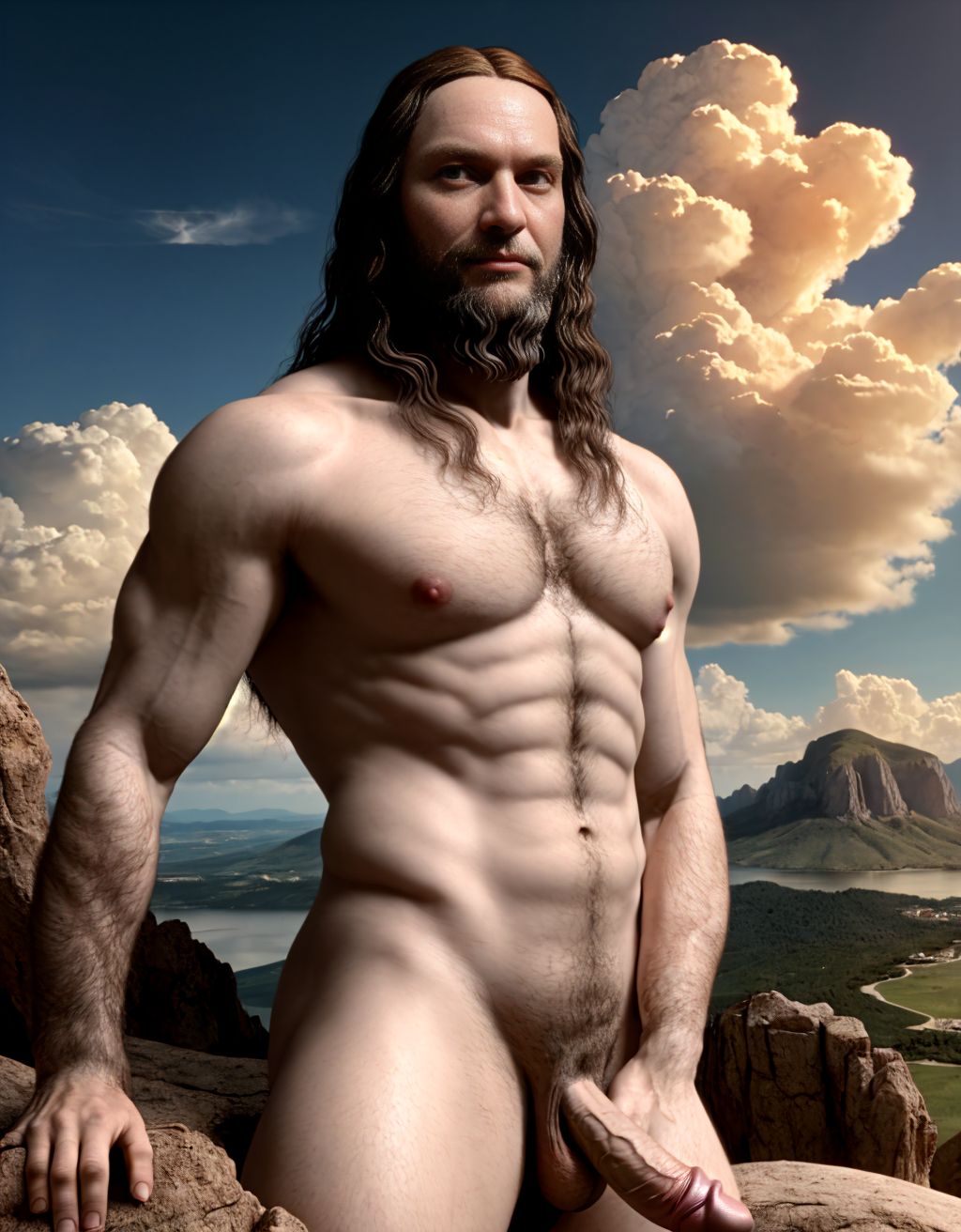 Leonardo da Vinci fue un hombre del Renacimiento. Está totalmente desnudo con pene grande y testículos grandes. Tiene mucho vello. Foto muy realista texturas 8k. Rodeados de nubes en el cielo.