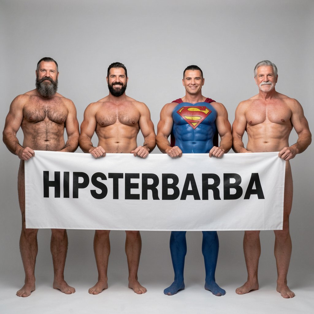 Four naked muscular men holding large banner with text HIPSTERBARBA ultra high quality 8K photorealistic: El Comandante dominant Spanish military leader 45 years old short gray hair stern commanding face muscular trained body 185cm 85kg massive erect uncircumcised penis 25cm thick standing far left holding banner with both hands raised alpha male presence, Soldado Bartolo Spanish soldier 35 years old thick dark full beard short wet hair very hairy muscular chest arms legs 180cm 80kg large erect uncircumcised penis 18cm standing center-left holding banner friendly smile masculine appearance, Superman alien superhero 195cm 100kg perfect bronzed smooth skin short black hair with curl bright blue eyes massive superhuman muscles enormous erect penis 23cm steel hard standing center-right holding banner heroic smile god-like physique towering over others, General Rodolfo Castaños 60 years old short gray military hair thick gray mustache experienced muscular body 175cm 75kg thick erect penis 20cm standing far right holding banner military posture dignified expression, all four men completely naked standing in row full body visible from head to feet holding between them large white fabric banner stretched horizontally with bold black letters spelling HIPSTERBARBA text clearly legible professional typography banner held high above their waists four different erect penises visible below banner varying body types physiques and heights military office background professional studio lighting 8K photorealistic resolution masterpiece quality extreme detail.