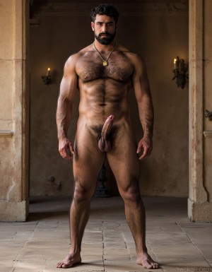 PEDRO de cuerpo entero 8K de hombre mediterráneo muy masculino y muy delgado pero con músculos marcados y definidos y está de pie, textura de piel natural híper realista, cara geométrica brutal con mandíbula cuadrada pesada, pómulos altos anchos, barbilla prominente con hoyuelo, ojos oscuros marrones profundos hundidos con cejas gruesas densas, nariz grande puente ancho recto forma griega, bigote morsa negro denso espeso cayendo en extremos cubriendo labio superior completamente, pelo negro rizado voluminoso desordenado, cuello grueso de toro con nuez prominente, pecho ancho cubierto vello negro rizado denso, pectorales voluminosos definidos con surco central profundo, cadena dorada colgando en surco pectoral, pezones oscuros marrón rojizo areolas anchas, abdominales six-pack marcados, vello corporal abundante formando trail oscuro vertical desde pecho hasta entrepierna, brazos musculosos gruesos con venas marcadas deltoides prominentes bíceps grandes tríceps herradura cubiertos vello negro, manos grandes dedos gruesos nudillos prominentes pelo dorso manos, piernas musculosas cuádriceps voluminosos muslos gruesos cubiertos vello negro denso rodillas huesudas pantorrillas gemelos forma diamante, pies grandes anchos pelo empeine, polla erecta treinta centímetros gruesa ocho centímetros diámetro color marrón oscuro curvada arriba venas dorsales marcadas prepucio largo glande ancho rojizo apuntando hacia arriba, huevos grandes colgando bajos escroto oscuro arrugado tamaño huevos gallina XL, piel aceitunada bronceada mediterránea, iluminación natural realista, fotorrealista, híper detallado, desnudo completo. Los pies están desnudos. Polla erecta dura hacia arriba. Las pantorrillas están a la vista y son muy peludas.