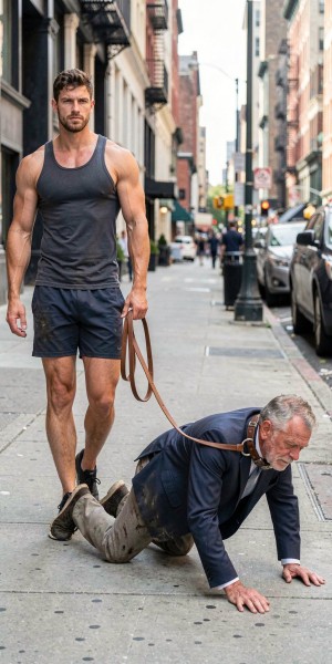 Un hombre joven y musculoso camina por una acera urbana entre edificios altos, coches aparcados y tráfico de ciudad, vestido con una camiseta de tirantes gris, pantalón corto deportivo azul y zapatillas negras. Sujeta una correa marrón que está atada al cuello de un hombre mayor arrodillado y apoyado en las manos, avanzando por el suelo como si fuera llevado con una correa. El hombre mayor lleva camisa azul, pantalones claros sucios y tirantes, con expresión cansada y postura sometida sobre el pavimento. La escena tiene un tono provocador y humillante, con contraste entre la actitud firme y dominante del caminante y la vulnerabilidad del hombre que gatea en plena calle.