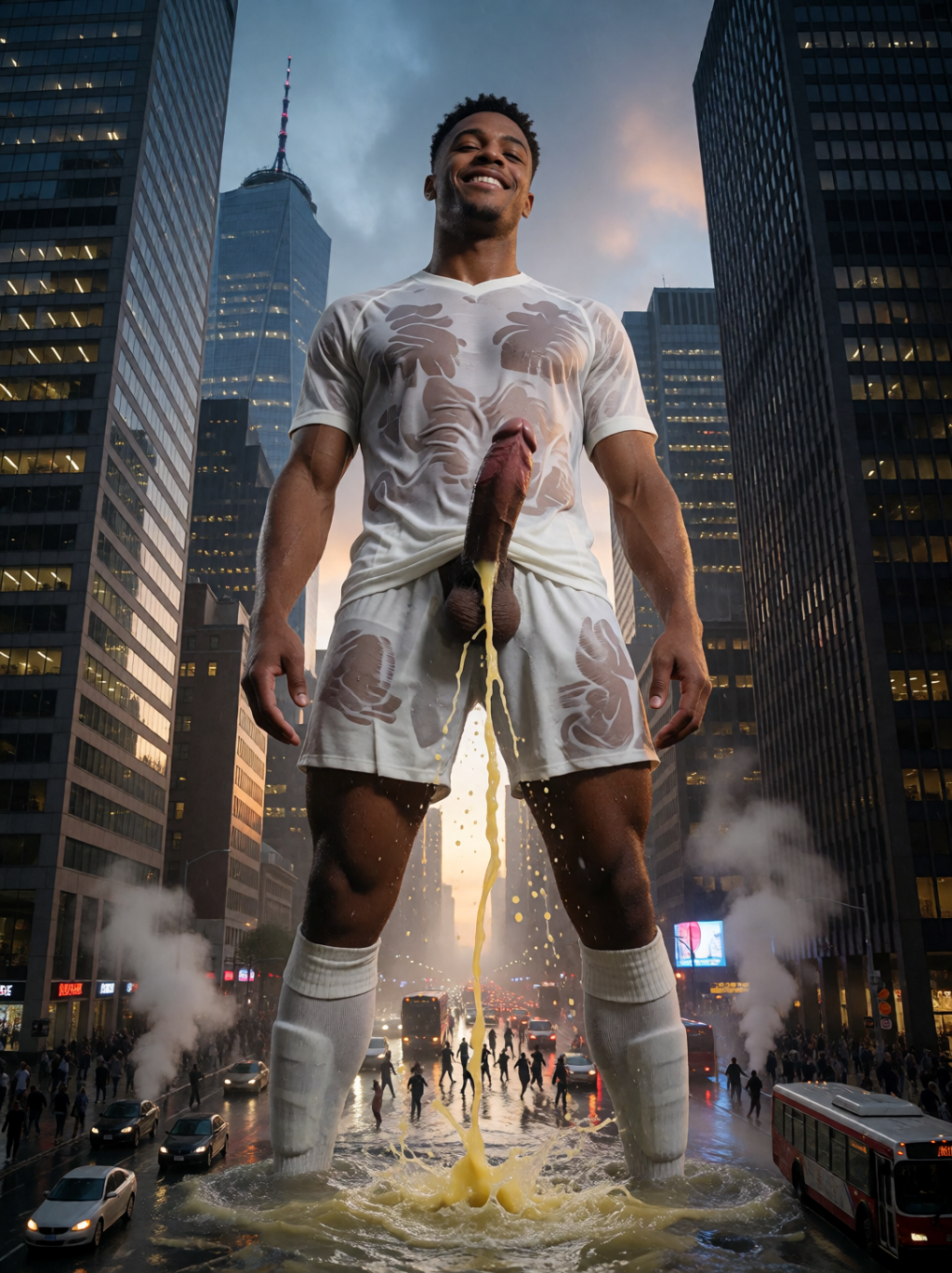 Un hombre gigante sonriente domina una avenida de rascacielos al atardecer, situado entre edificios altos iluminados y con la torre One World Trade Center al fondo, creando una escena urbana surrealista y de escala colosal. Lleva una camiseta y pantalones cortos blancos empapados y semitransparentes, con el pene visible sobresaliendo mientras orina una potente corriente amarilla hacia la calle, formando salpicaduras y una inundación alrededor de sus piernas. Coches, un autobús, peatones diminutos, vapor de alcantarillas y luces de tráfico refuerzan el contraste entre la ciudad moderna, la lluvia o humedad del asfalto y la figura monumental que ocupa el centro de la composición.