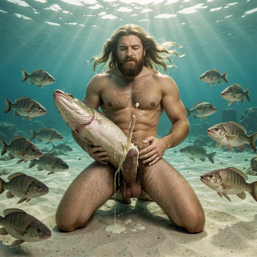 **

Hyperrealistic cinematic underwater photograph in rich 1938 Kodachrome style, ultra-sharp detail, zero distortions, zero warping, perfect natural anatomy, flawless proportions and museum-quality realism. Full-body view from the tips of the toes to the top of the head of Errolneptuno being powerfully fucked in the ass by the colossal god Triton at the sandy bottom exactly where the Nile River meets the open Mediterranean Sea.

The god Triton dominates the scene with his enormous hyper-muscular humanoid torso of radiant bronzed skin glowing with ethereal golden-green light underwater. His long flowing sea-green hair and thick beard drift majestically in the current. His square regal face shows intense divine lust as he holds Errolneptuno firmly from behind, thrusting his massive 32 cm thick uncircumcised cock deep into Errolneptuno’s stretched and pulsating ass. Thick glowing strands of golden divine cum leak around the shaft and rise slowly toward the surface. His powerful iridescent fish tail of emerald, sapphire and liquid gold scales is curled to anchor them both on the seabed.

Errolneptuno, exactly 30 years old, 1.83 m tall, 75 kg with only 6% body fat, is completely naked and positioned in the center of the frame. His athletic and powerfully muscular body with wide shoulders, strong soft V-taper, thick chest, veiny robust neck and powerful functional arms is shown in perfect full-body perspective. His body is covered in abundant, thick dark golden-blond body hair that floats and sways sensually in the gentle current: heavy dense pelt across his powerful chest surrounding the nipples and joining in the center, a prominent diamond-shaped treasure trail descending from the navel branching across the lower belly, dense curly pubic hair surrounding his thick 20 cm circumcised cock (shaft widening slightly toward the middle, large prominent fully exposed glans with sharply marked flared corona and visible raised urethra) which throbs rock-hard and leaks thick white cum that drifts upward. His large heavy hanging balls sway with every deep thrust inside their dark wrinkled scrotum, the right testicle hanging four millimeters lower than the left. His forearms, thighs and calves are also covered in thick golden-blond hair. His round firm gymbro ass is visibly stretched wide around Triton’s thick shaft. His sharply angular masculine face — wide and very defined jaw with prominent square chin and deep dimple, high pronounced cheekbones with deep malar hollows, broad proportionate forehead, medium-thick light eyebrows slightly arched, deep-set intense blue eyes half-closed in surrendered ecstasy, straight medium nose, and moderately full lips (especially the lower one) parted in a silent moan of pleasure — is turned slightly toward the viewer with a warm yet overwhelmed expression. His short, thick, slightly wavy dark-blond hair with golden highlights drifts wildly in the water.

They are completely surrounded by a dense, swirling school of realistic fish at the Nile-Mediterranean estuary: large powerful Nile perch with silvery bodies, greenish-brown backs and distinctive yellow-ringed black eyes; dozens of bronze-gray Nile tilapias with vertical tail stripes gliding gracefully; and several massive spotted catfish with long barbels, cylindrical brown bodies and wide mouths drifting around them, their whiskers occasionally brushing against floating hair, skin and scales.

Dramatic volumetric shafts of sunlight pierce from the surface far above, creating god-rays that illuminate every strand of floating body hair, every glistening scale, every bulging muscle, every droplet of cum and every rising bubble. The water transitions visibly from the golden-green of the Nile to the clearer turquoise of the Mediterranean. The background shows the vast open sea and faint ancient submerged ruins on the sandy bottom. Maximum photographic realism, flawless male anatomy with explicit sexual detail, rich cinematic underwater lighting, epic full-body composition from feet to head, no deformities, no cropping, museum-quality masterpiece.