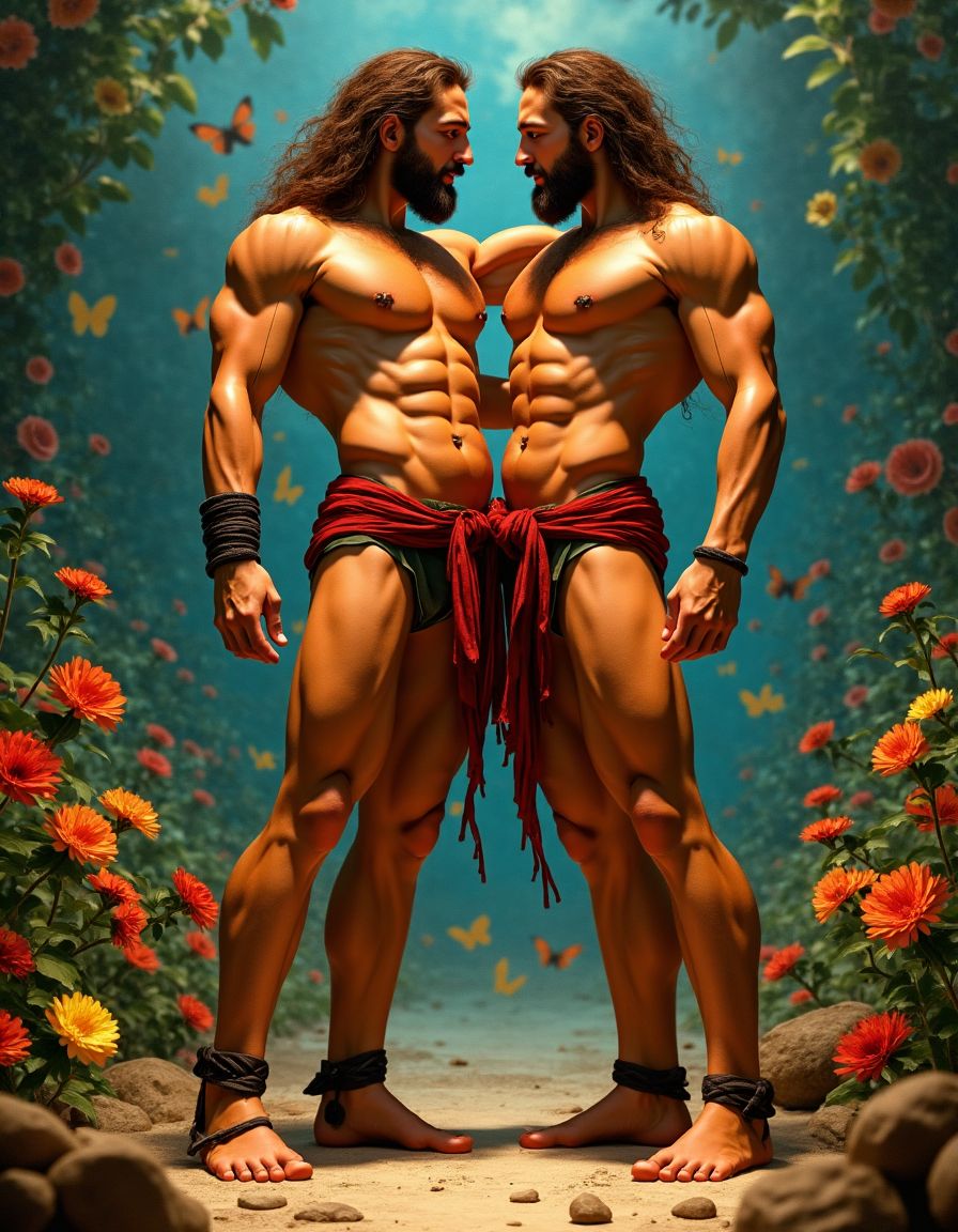 Dos guerreros musculosos delgados y altos, cuerpo completamente desnudo y velludo, mostrando polla venosa de 40 cm de longitud y 7 cm de grosor. Tienen la piel bronceada por el Sol, con pelo muy largo y barba. Tiene sandalias negras en sus fuertes pies. Están contentos. Tienen músculos marcados y definidos y sin nada de grasa. Tienen aspecto muy viril. Tienen cuerpo muy delgado pero con los músculos marcados y muy definidos. Están tensos haciendo flexiones para mostrar sus músculos marcados. Uno de los guerreros está detrás del otro abrazándole la cintura por la espalda, y pasa su pene entre las piernas del segundo guerrero llegando hasta el pene del segundo guerrero. El segundo guerrero tiene las piernas muy abiertas para dejar pasar el pene del primer guerrero entre ellas para que el espectador pueda ver los dos penes con toda claridad. Tienen sus penes erectos y están a la vista del espectador. Por sus penes erectos. Fondo de mil mariposas volando y fondo de muchas flores de todos los colores en las que se ven los reflejos de las sombras de los cuerpos de los guerreros. Los guerreros están totalmente desnudos. Los dos guerreros tienen pene de 40 cm de longitud y 7 cm de diámetro. Están totalmente desnudos y a la vista del espectador.