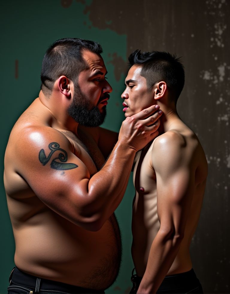 Dos hombres sin camiseta aparecen muy cerca en una escena íntima y tensa, con iluminación dramática sobre la piel y un fondo oscuro de pared desgastada en tonos verde y gris. El hombre de la izquierda, corpulento, con barba espesa, pelo corto y un tatuaje negro en el hombro, sujeta con firmeza la mandíbula y el cuello del hombre más delgado que tiene enfrente. El segundo, de complexión marcada y torso definido, mantiene la mirada fija y seria, con el cuerpo rígido y los brazos pegados al costado. La composición resalta el contraste físico, la cercanía facial, la tensión emocional y una atmósfera cargada de deseo, dominio y confrontación.
