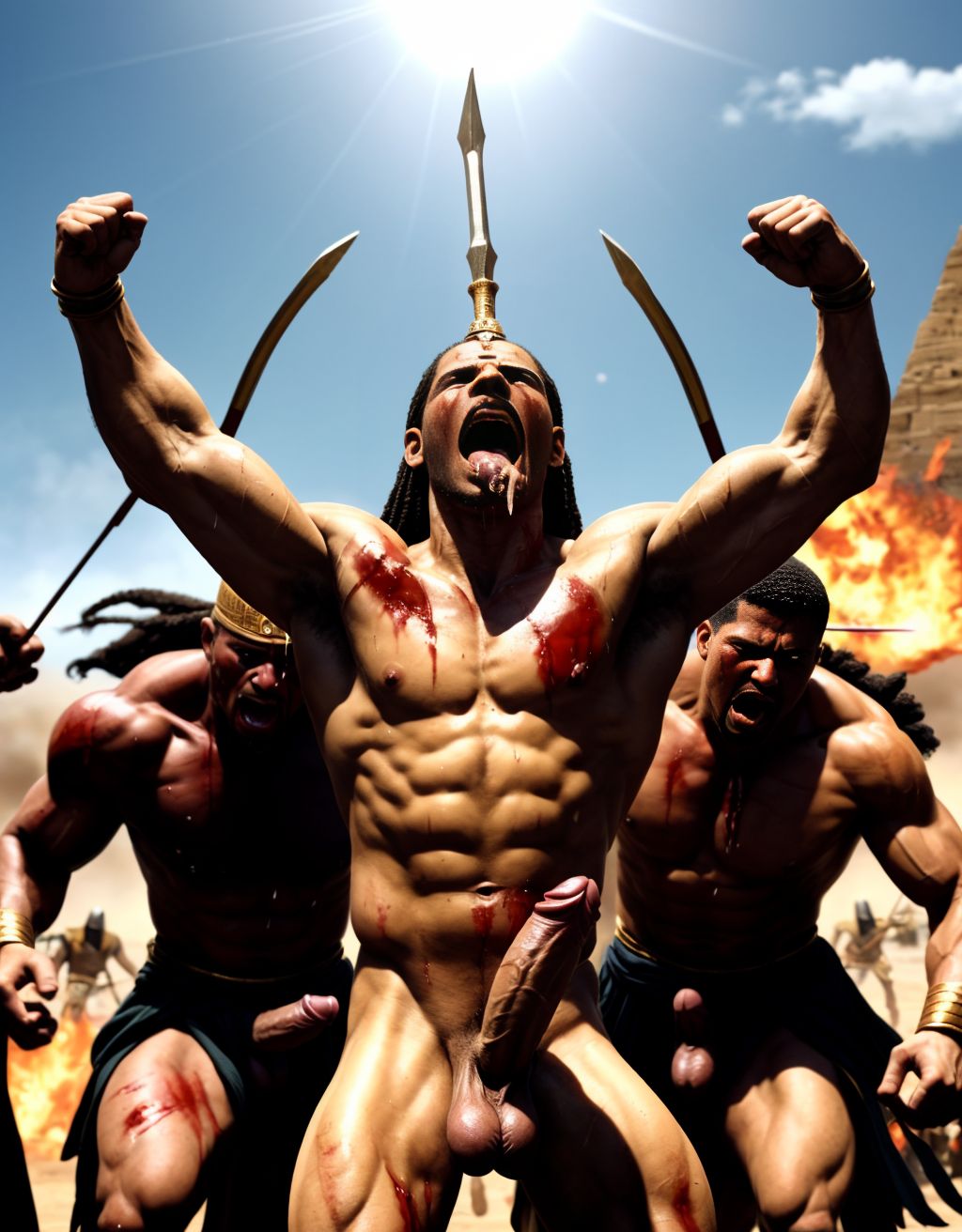 Ramsés 2 desnudo, testículos grandes, pene prominente, dispara flechas desde carro de guerra, rodeado de soldados desnudos heridos, sangre y sudor en la piel, tres guerreros musculosos lo flanquean, un esclavo abraza a uno, recibiendo sexo oral, pene en boca, gritos de guerra, pasión desinhibida, intensa batalla, cuerpos tensos.