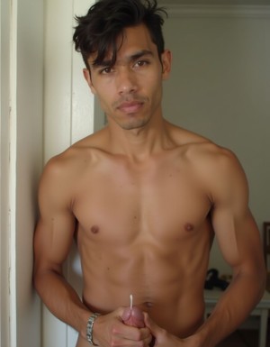 Hombre joven sin camiseta posando de pie en el marco de una puerta, con el torso desnudo, atlético y definido, hombros anchos, abdomen marcado y brazos tonificados. Tiene la piel morena, el pelo oscuro despeinado con volumen sobre la frente y una expresión seria mientras mira directamente a la cámara. La luz natural ilumina suavemente el pecho, las clavículas y los músculos abdominales, creando sombras sutiles en el cuerpo. Lleva una pulsera metálica en la muñeca y sostiene con ambas manos un pequeño objeto alargado a la altura de la cintura. El fondo interior es sencillo y desenfocado, con paredes claras y una habitación doméstica apenas visible.