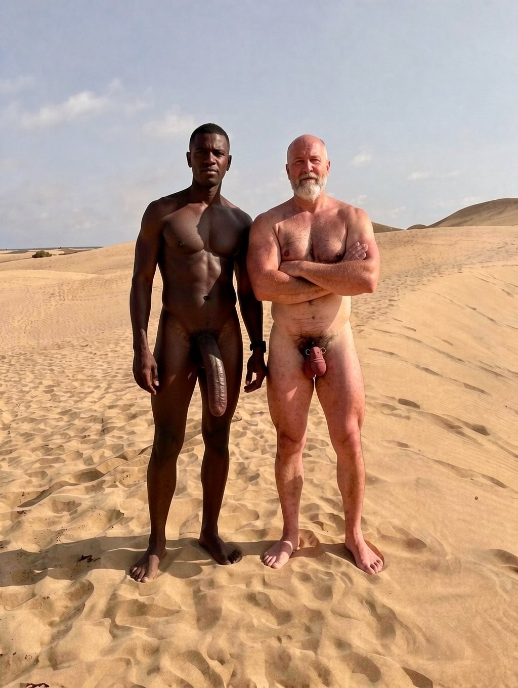 Dos hombres desnudos posan de pie sobre dunas de arena en un paisaje desértico junto al mar, bajo un cielo claro y luminoso. El hombre de la izquierda, de piel oscura y complexión atlética, mira a la cámara con los brazos relajados y el pene visible colgando hacia delante. A su lado, un hombre de piel clara, calvo y con barba blanca, aparece con los brazos cruzados sobre el pecho, también completamente desnudo, con el pene y los testículos visibles. La escena transmite un retrato naturista al aire libre, con huellas en la arena, colinas secas al fondo y luz solar intensa.