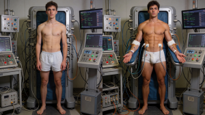 Composición comparativa en un entorno de laboratorio médico o sala de pruebas fisiológicas, con un hombre joven de pie y descalzo frente a una camilla o equipo vertical rodeado de monitores, paneles de control, cables y dispositivos electrónicos. A la izquierda aparece con pantalón corto gris, torso desnudo y postura neutra, mientras a la derecha se le ve en la misma posición con electrodos adhesivos colocados en el pecho, el abdomen, los brazos y las piernas, además de sensores y cables conectados a máquinas de diagnóstico. La iluminación clínica, las pantallas con gráficos y datos, y el abundante cableado sugieren una evaluación corporal, prueba de esfuerzo, monitorización biomédica o experimento de medición muscular y cardiovascular.
