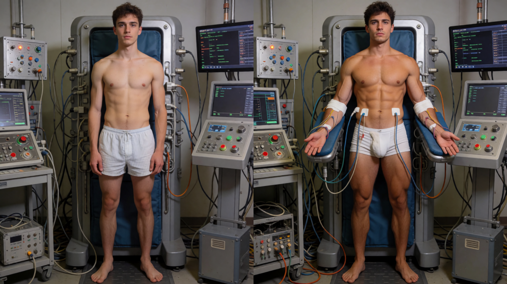 Composición comparativa en un entorno de laboratorio médico o sala de pruebas fisiológicas, con un hombre joven de pie y descalzo frente a una camilla o equipo vertical rodeado de monitores, paneles de control, cables y dispositivos electrónicos. A la izquierda aparece con pantalón corto gris, torso desnudo y postura neutra, mientras a la derecha se le ve en la misma posición con electrodos adhesivos colocados en el pecho, el abdomen, los brazos y las piernas, además de sensores y cables conectados a máquinas de diagnóstico. La iluminación clínica, las pantallas con gráficos y datos, y el abundante cableado sugieren una evaluación corporal, prueba de esfuerzo, monitorización biomédica o experimento de medición muscular y cardiovascular.