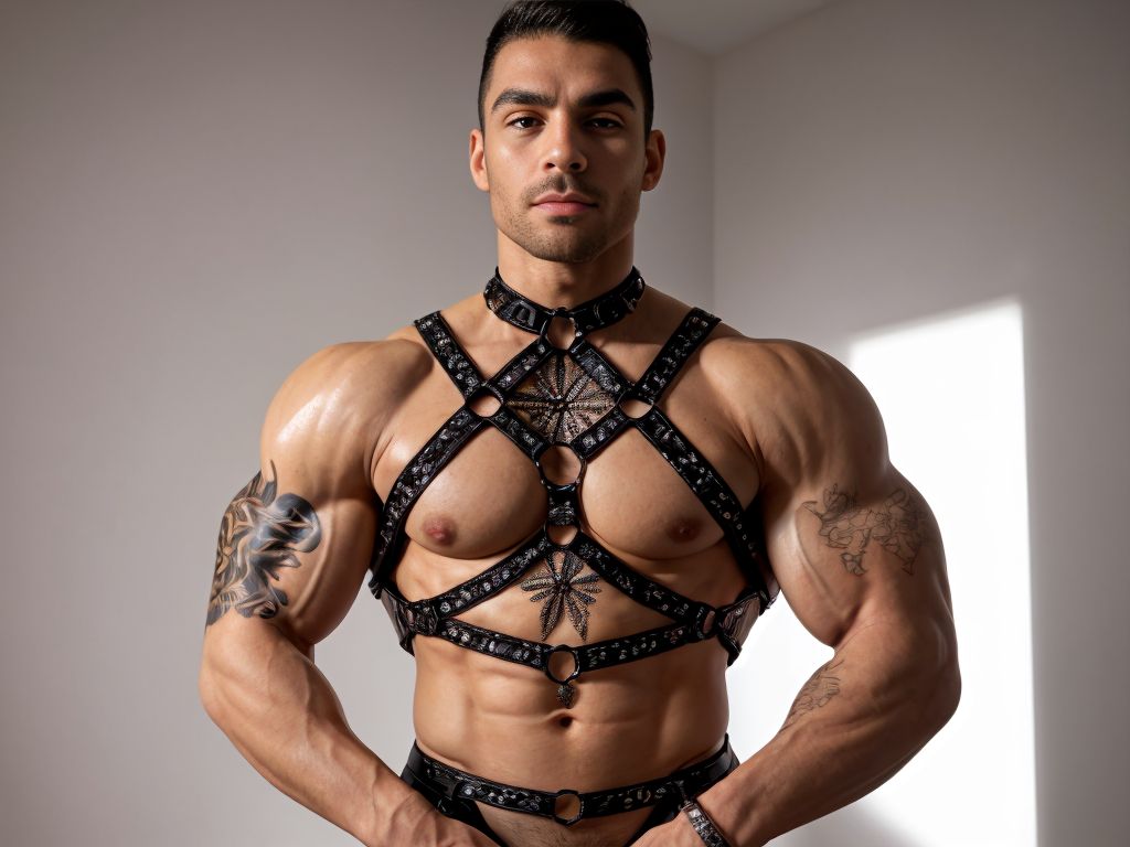 A muscular man resembling a jigsaw puzzle, wearing a tantalizing harness that accentuates his physique. His body is covered in intricate, colorful puzzle piece designs, with some pieces slightly detached to reveal his smooth skin beneath. The setting is a dimly lit room filled with soft, ambient light, where shadows play dramatically across his form. He strikes a provocative pose, exuding confidence and allure.