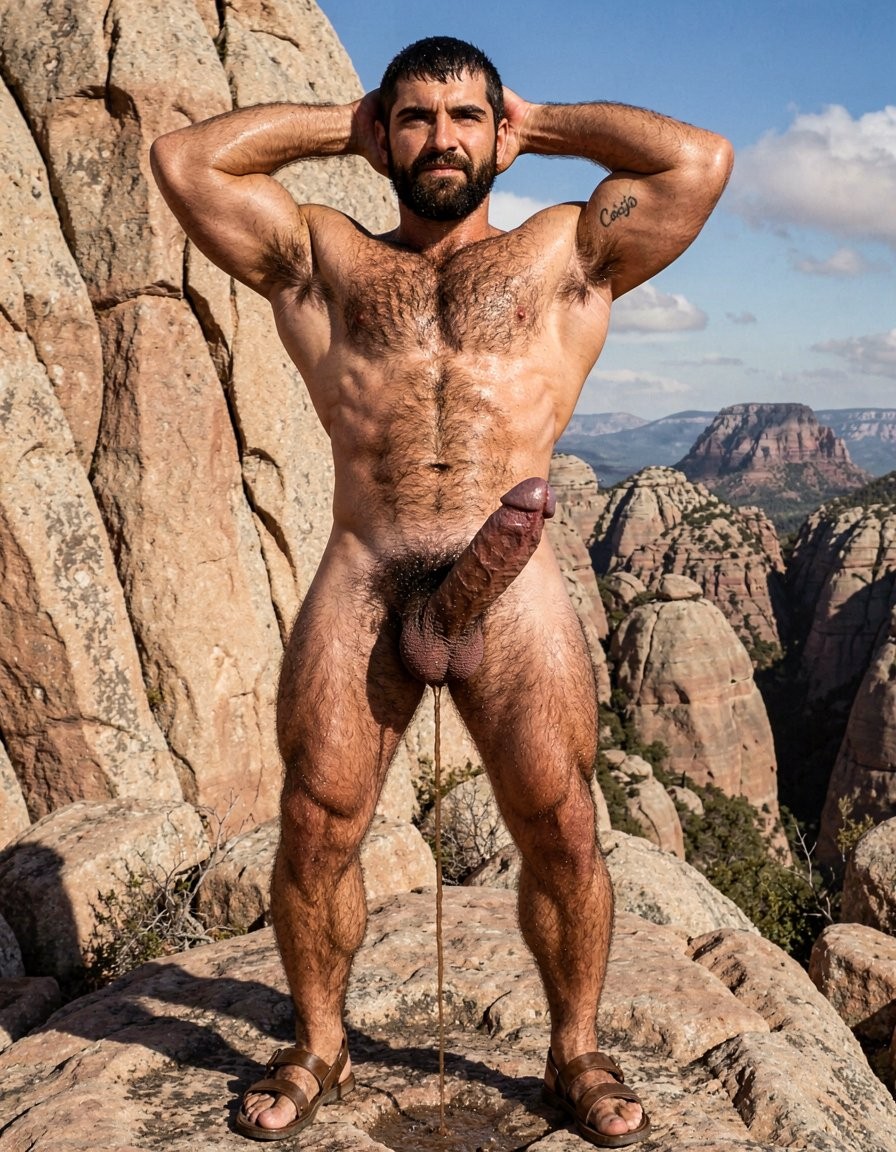 Hyper-realistic full-body frontal photograph, perfectly proportioned and anatomically flawless with zero distortion, of the extremely hairy and hyper-virile 26-year-old Zapotec warrior Cocijo standing completely still on the rocky summit of Cerro La Cantera, San Pablo Huitzo, Oaxaca, in the year 600 AD under brutal midday sun. The shot captures his entire body from the top of his head to the soles of his worn leather sandals. He stands obediently in front of his owner Gayon Von Neumann, feet planted wide apart, arms raised with hands clasped behind his head and elbows flared, chest pushed forward, looking straight ahead with total masculine submission. No glasses. He is barely 26 years old. His body is extremely hairy and hyper-masculine: thick dense black hair covers his massive square pectorals, runs heavily between them and all over the chest, down the deeply carved eight-pack abs, around the navel and explodes into an extremely thick, wild black pubic bush that continues onto the inner thighs. Heavy black hair also densely covers his shoulders, upper arms, forearms, the backs of his powerful thighs and even the upper part of his glutes. His golden-bronze skin is drenched in sweat that glistens harshly under the sun. Strong square jaw, thick veiny neck, short black hair, and dark intense eyes. His enormous 35 cm cock is brutally swollen, dark purple, heavily veined and rock-hard, forced upward by the tight black leather Cock and Ball Ring that encircles the base of the shaft and both heavy balls, making them bulge obscenely. Thick, shiny strands of precum continuously drip from the wide slit and run down the shaft onto the hot rock between his feet. On his right upper arm, perfectly integrated and anatomically adapted to the natural curve and muscular shape of the brachial region, there is a small, elegant black tattoo with the word 