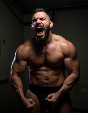 Hombre musculoso de 30 años, pelo oscuro corto, barba recortada, expresión de rabia y humillación en el rostro, ojos entrecerrados de dolor y furia, mandíbula apretada, torso desnudo con músculos definidos, pectorales y abdominales marcados, piel bronceada con sudor, brazos musculosos tensos, manos apretadas en puños, cuerpo inclinado hacia adelante en posición sumisa forzada, iluminación dramática lateral, ambiente oscuro tipo sótano.