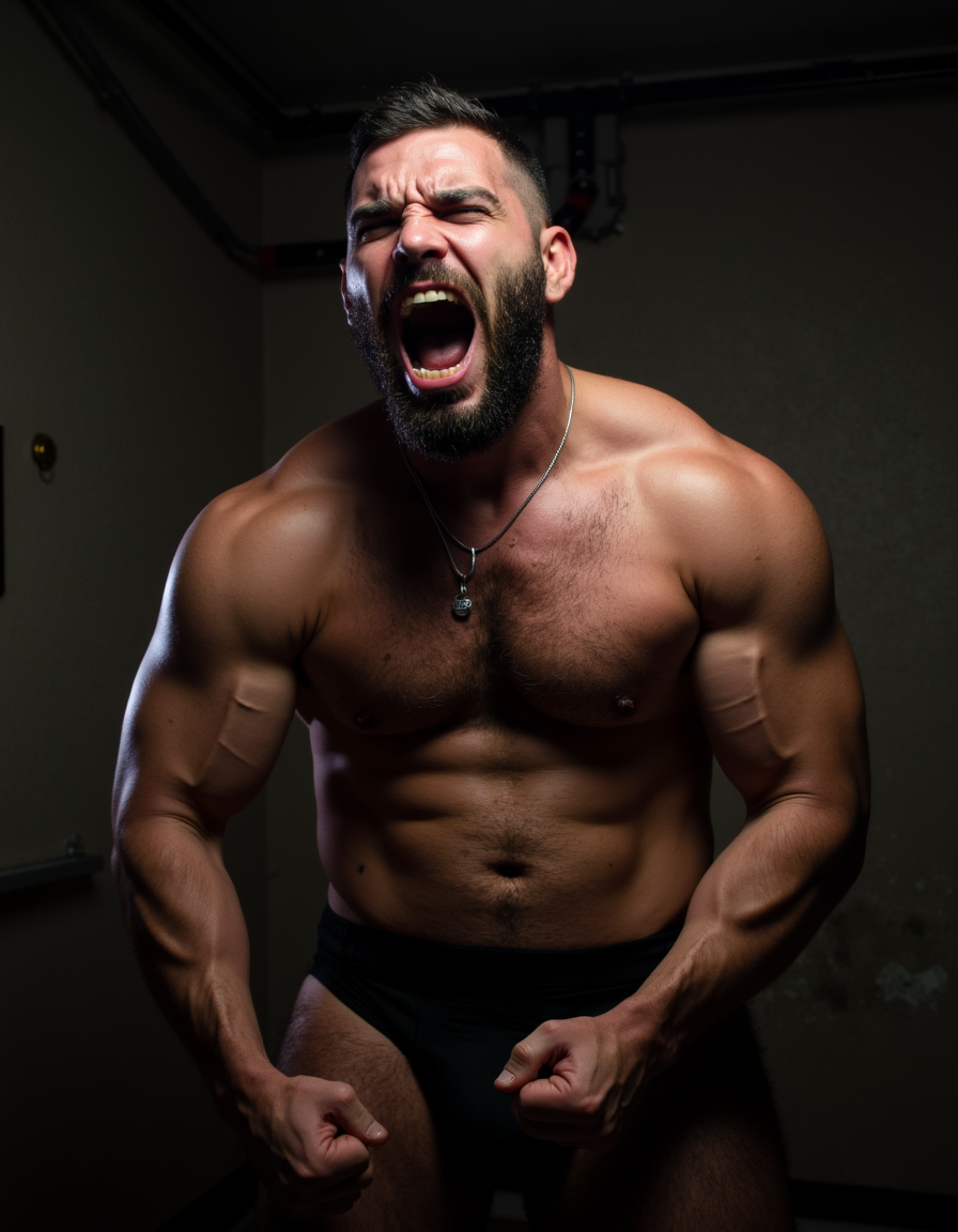 Hombre musculoso de 30 años, pelo oscuro corto, barba recortada, expresión de rabia y humillación en el rostro, ojos entrecerrados de dolor y furia, mandíbula apretada, torso desnudo con músculos definidos, pectorales y abdominales marcados, piel bronceada con sudor, brazos musculosos tensos, manos apretadas en puños, cuerpo inclinado hacia adelante en posición sumisa forzada, iluminación dramática lateral, ambiente oscuro tipo sótano.