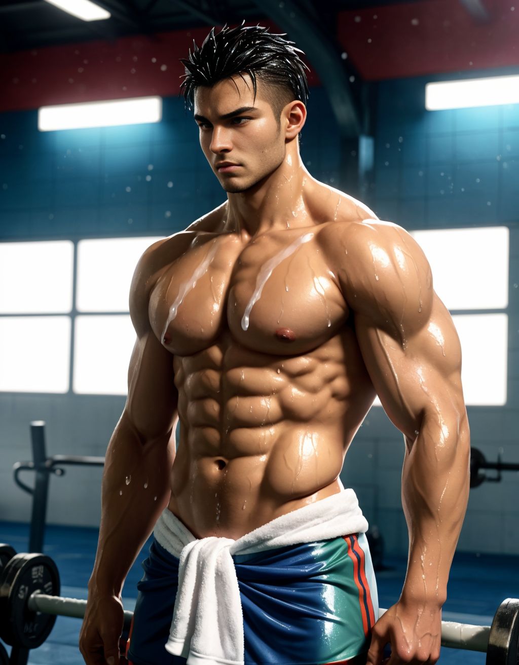 Hombre musculoso de 28 años, jugador de fútbol, cubierto de gotas de agua, parado en un gimnasio, físico atlético, torso desnudo, toalla húmeda en la cintura, piel brillante, sombras dramáticas, expresión serena y cansada, estilo fotorealista, texturas húmedas, fondo desenfocado, enfoque en la forma poderosa del jugador.
