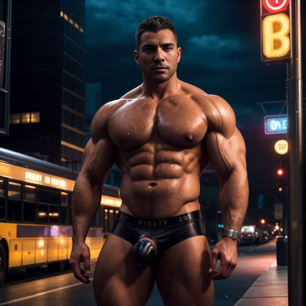 Hombre desnudo con jaula de castidad de metal, parado en una parada de autobús, cuerpo musculoso, mirada sensual, ropa interior ajustada, fondo de ciudad, luces de neón, ambiente urbano, piel sudorosa, jaula de castidad destacada, expresión provocativa. Imagen realista 