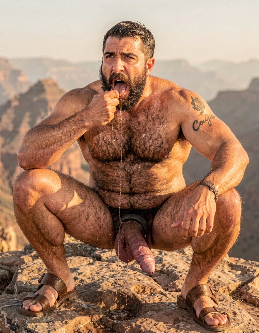 Hyper-realistic cinematic full-body photograph with perfect anatomy and zero distortion, taken under the brutal midday sun on the rocky summit of Cerro La Cantera, San Pablo Huitzo, Oaxaca, year 600 AD. The 26-year-old hyper-masculine, extremely hairy Zapotec warrior Cocijo is squatting low between the legs of Gayon Von Neumann, completely naked except for worn leather sandals. His massive sweaty body is covered in dense black hair across his chest, shoulders, arms, abs and thick thighs. Small elegant black tattoo “Cocijo” anatomically adapted to the curve of his right bicep. His own enormous 35 cm cock is brutally swollen, dark purple, heavily veined and throbbing hard, trapped at the base by a tight black leather cock and ball ring that forces his heavy balls upward; thick ropes of precum drip continuously from the swollen tip onto the hot rock. Cocijo has his mouth stretched wide, lips tight around Gayon’s thick cock, sucking it deeply and hungrily with powerful, wet strokes. His cheeks are hollowed from the strong suction, eyes looking up submissively at Gayon’s face of pure pleasure while he keeps bobbing his head, taking more of the shaft with each movement. Harsh golden sunlight creates dramatic highlights on sweat, dense body hair, saliva dripping down the shaft and thick precum. Raw, dominant male energy and total sexual submission, photorealistic detail, perfect proportions, no deformation.