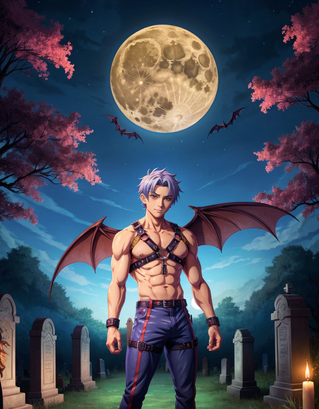 Hombre con arnes, de noche en un cementerio, luna llena y murcielagos
