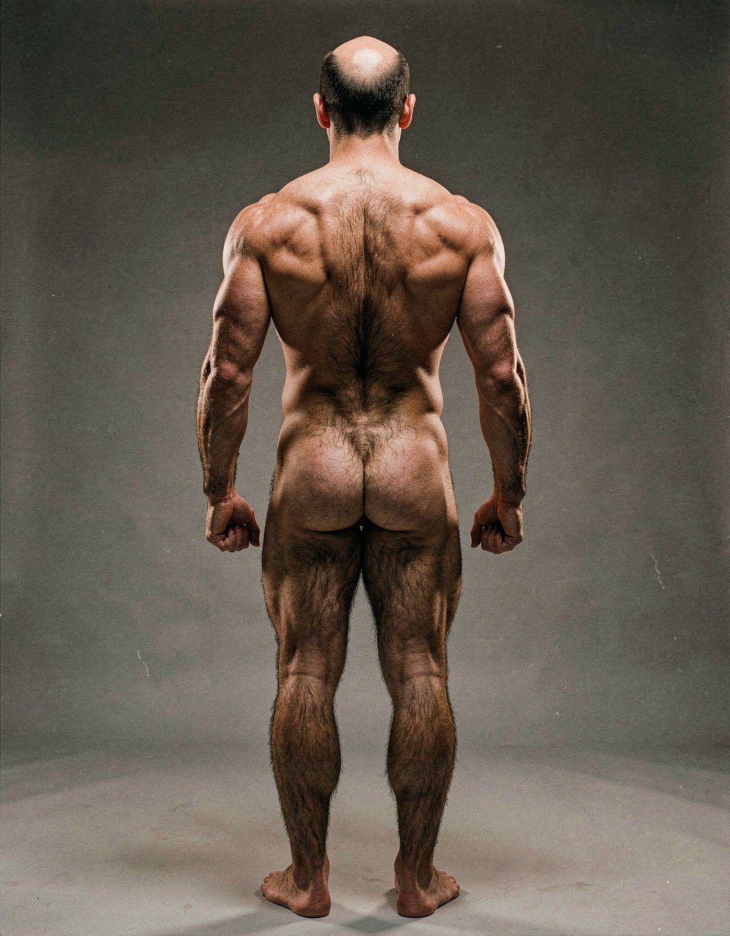 Mike Morris, a 32-year-old extremely lean Caucasian male at only 8% body fat, stands completely naked in a strict military attention pose seen from directly behind in a full posterior view. His back is perfectly straight, shoulders pulled back, arms rigid at his sides with fists clenched, legs straight and together, head held high. The shot captures him from the heels of his feet all the way up to the top of his bald head. His advanced Norwood III-IV baldness is clearly visible from behind, with a smooth tanned scalp on the crown and short dense dark brown hair only on the sides and lower back of the head. His back is highly defined and vascular: wide lats tapering dramatically to a very narrow, tight waist, thick trapezius muscles, and dense dark brown body hair lightly covering the shoulders and becoming much thicker and denser across the lower back and lumbar area, especially between the lats. His ass is tight, muscular and round with almost no fat, the glutes clearly separated. Thick dark hair continues down onto his powerful diamond-shaped calves and the backs of his slightly hairy feet. Dramatic directional studio lighting from above and slightly to the side creates strong highlights on his dry, shredded skin and deep shadows that accentuate every muscle fiber, the texture of his dense back hair, and the extreme vascularity and definition of his 8% body fat physique. Photorealistic, high-contrast, masculine 1970s Colt Studio aesthetic, grainy film texture, commanding and powerful presence.