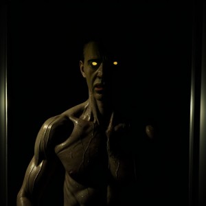 Hombre desnudo, aterrado, con ojos desorbitados, inspirado en el Expediente Warren, estilo paranormal, oscuridad, sombras, atmósfera de miedo, sudor en la piel, musculatura tensa, fondo difuminado, iluminación tenue, reflejos de terror en su rostro.