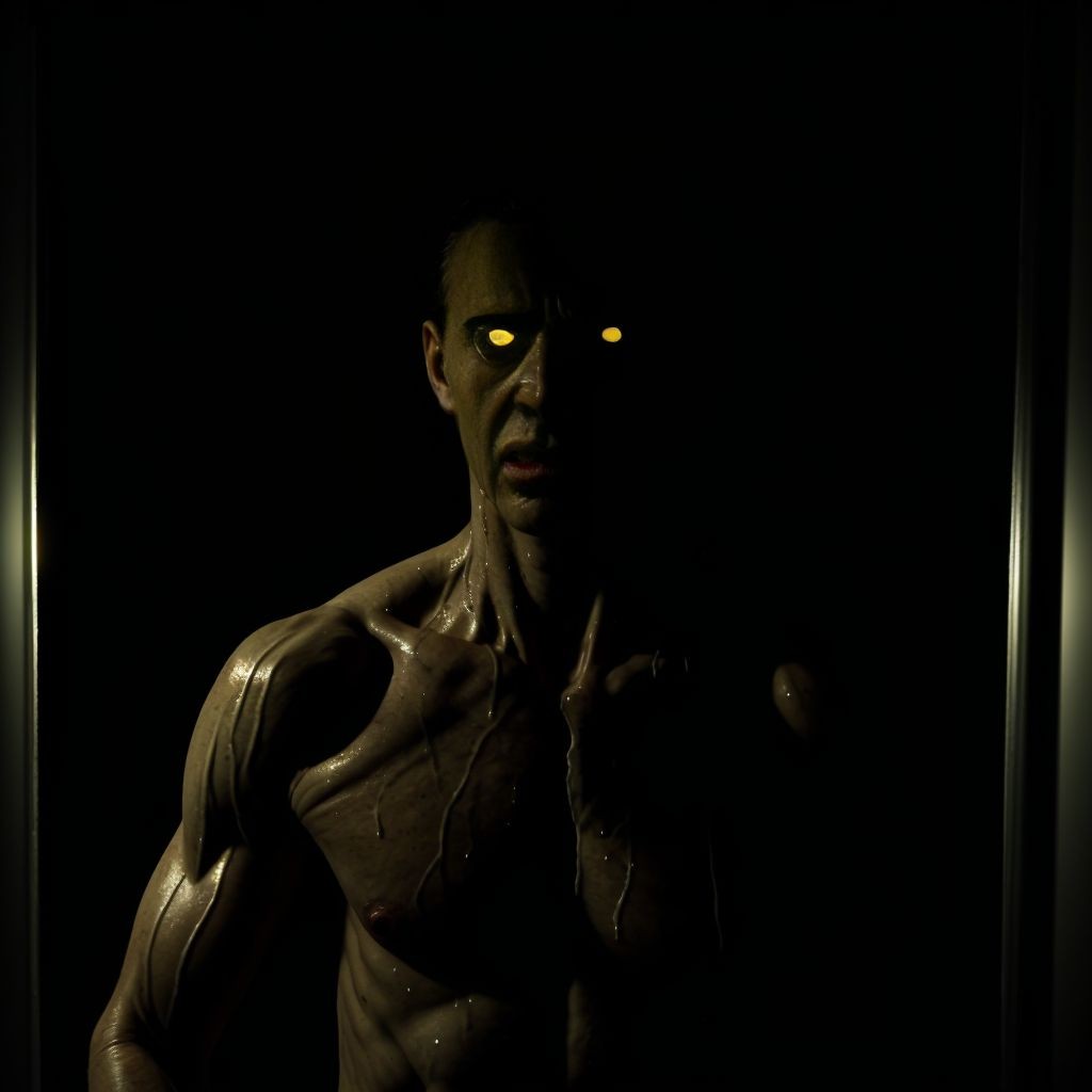 Hombre desnudo, aterrado, con ojos desorbitados, inspirado en el Expediente Warren, estilo paranormal, oscuridad, sombras, atmósfera de miedo, sudor en la piel, musculatura tensa, fondo difuminado, iluminación tenue, reflejos de terror en su rostro.